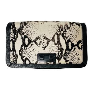 BCBGMAXAZRIA Black Cream Calf Hair Snake Print Leather Clutch